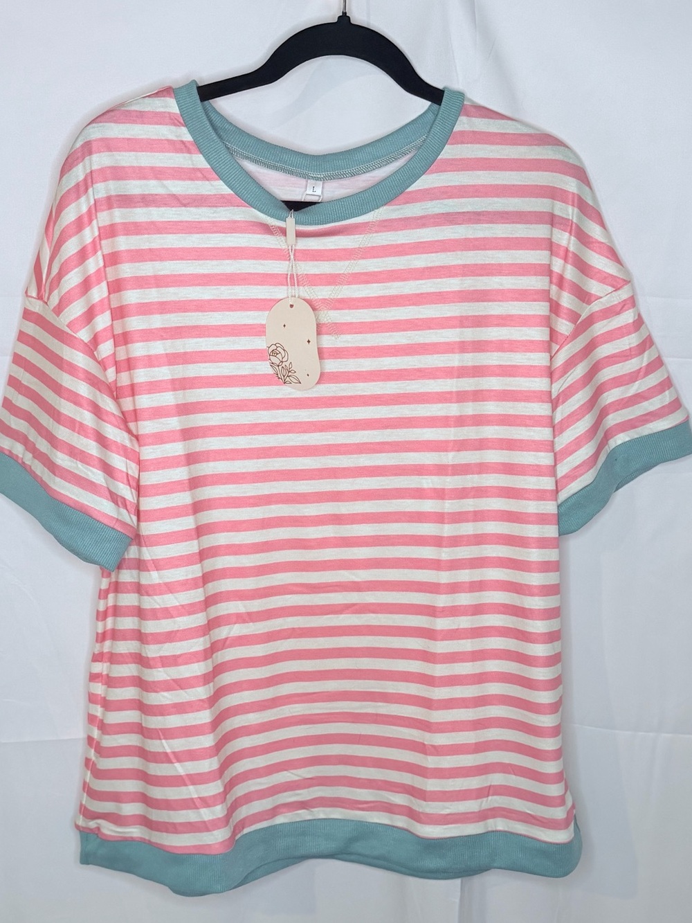 Striped Pink and White Relaxed Tee with Teal Trim